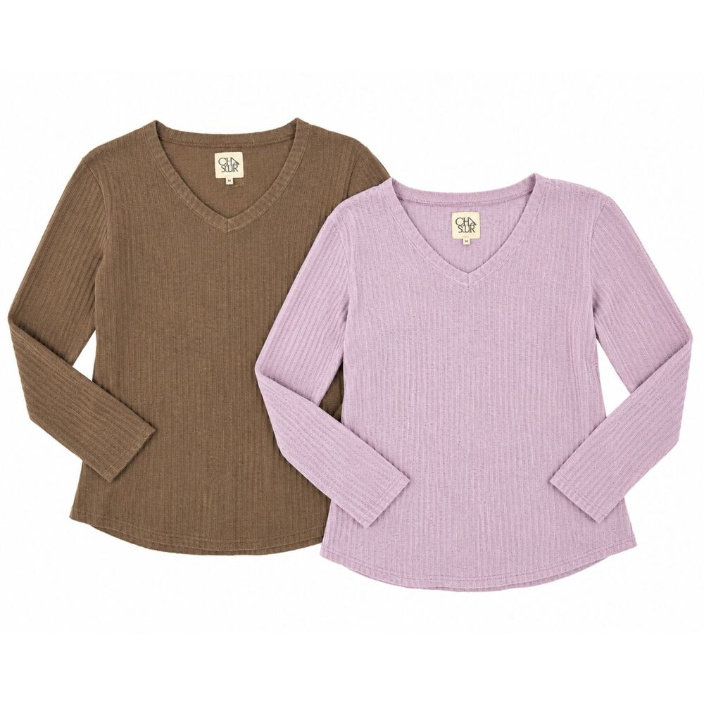 Chaser Women's M 2-Pc Textured Top Set Pink & Light Brown Long Sleeve
